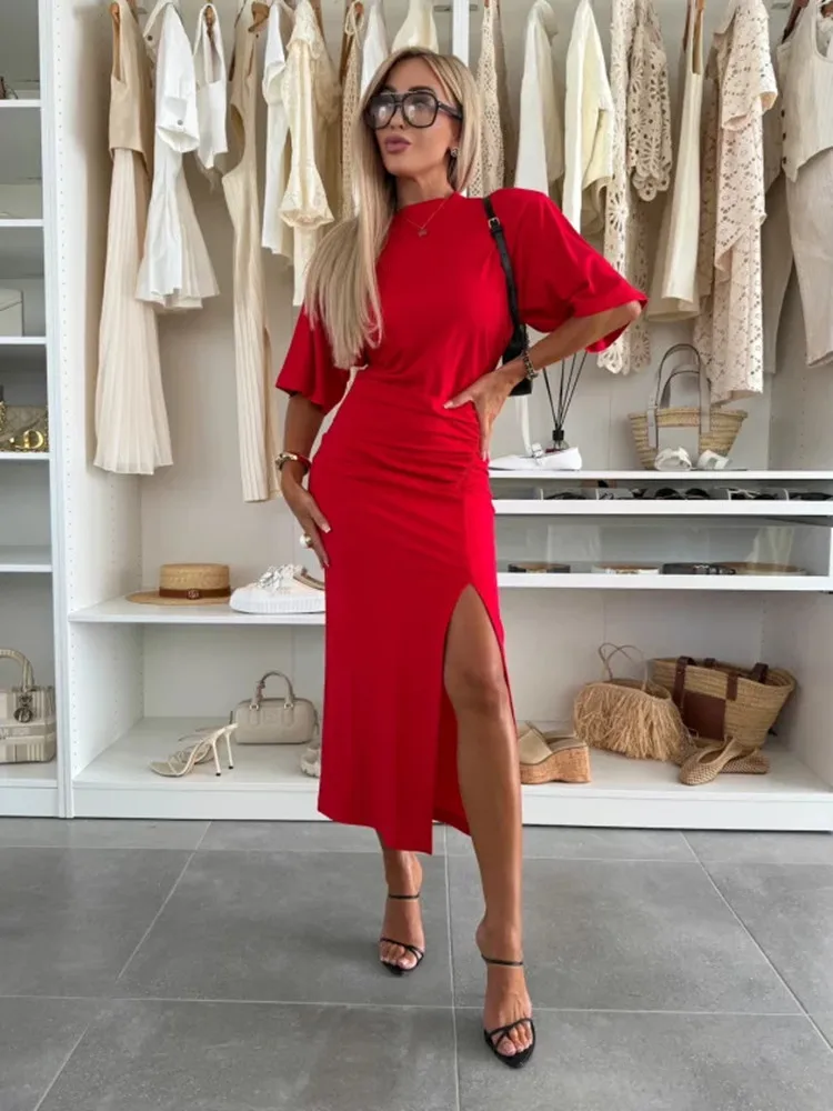 BKLD Solid Color Women Clothing 2025 Summer New Short Sleeve Dress Round Neck Party Clubwear Split Irregular Long Dresses
BKLD Solid Color Women Clothing 2025 Summer New Short Sleeve Dress Round Neck Party Clubwear Split Irregular Long Dresses