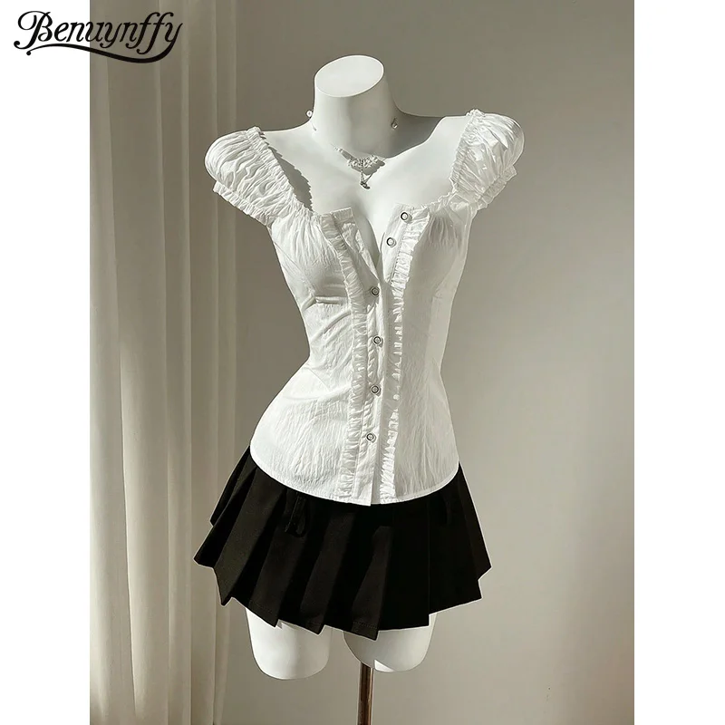 Benuynffy Square Neck Puff Sleeve White Shirts Women Summer Sweet Vintage Back Lace-up Top Chic Frill Trim Button Down Blouses
Benuynffy Square Neck Puff Sleeve White Shirts Women Summer Sweet Vintage Back Lace-up Top Chic Frill Trim Button Down Blouses