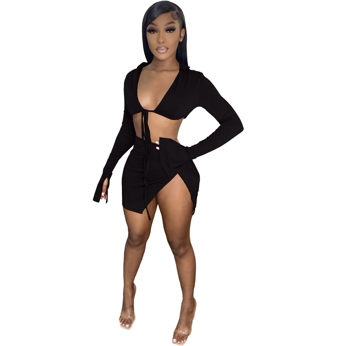 Summer 2023 New Sexy Women's Swimsuit Set Solid Color Long Sleeved V Neck Tie Top + Miniskirt Beach Style Suit (No Chest Pad)
Summer 2023 New Sexy Women's Swimsuit Set Solid Color Long Sleeved V Neck Tie Top + Miniskirt Beach Style Suit (No Chest Pad)