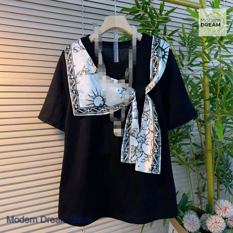 Korean plus-size fashion silk scarf splicing short-sleeved T-shirt women spring and summer new plus-size loose casual Joker top.
Korean plus-size fashion silk scarf splicing short-sleeved T-shirt women spring and summer new plus-size loose casual Joker top.