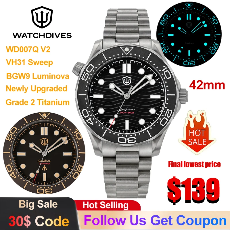 Watchdives WD007Q V2 NTTD Quartz Watch VH31 Sweep Movement Grade 2 Titanium Men's Watch Sapphire 200m Waterproof Luminous Watch
Watchdives WD007Q V2 NTTD Quartz Watch VH31 Sweep Movement Grade 2 Titanium Men's Watch Sapphire 200m Waterproof Luminous Watch