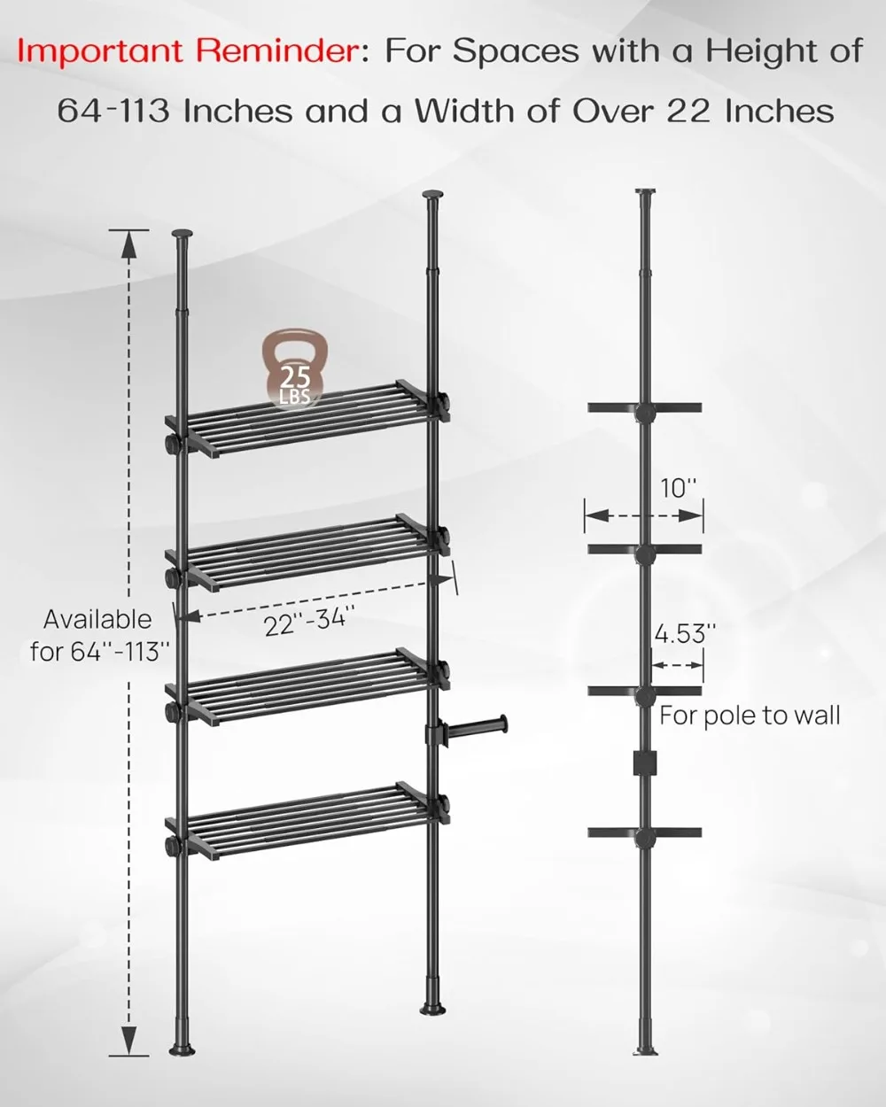Adjustable Over Toilet Storage Shelf, 4-Tier Bathroom Organizer with Tension Mount, Fits 64-113 Inch Heights, Black
Adjustable Over Toilet Storage Shelf, 4-Tier Bathroom Organizer with Tension Mount, Fits 64-113 Inch Heights, Black