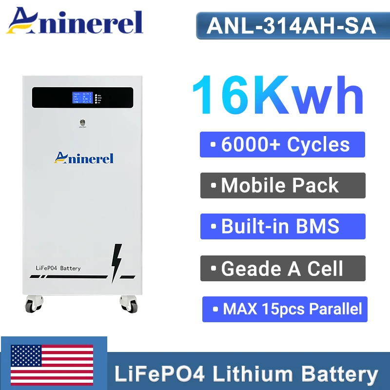 Aninerel 51.2V 314AH Mobile LiFePO4 Battery Pack 16KWh Powerwall Grade A Built-in BMS 6000 + Cycle for Home Energy Solar Storage
Aninerel 51.2V 314AH Mobile LiFePO4 Battery Pack 16KWh Powerwall Grade A Built-in BMS 6000 + Cycle for Home Energy Solar Storage