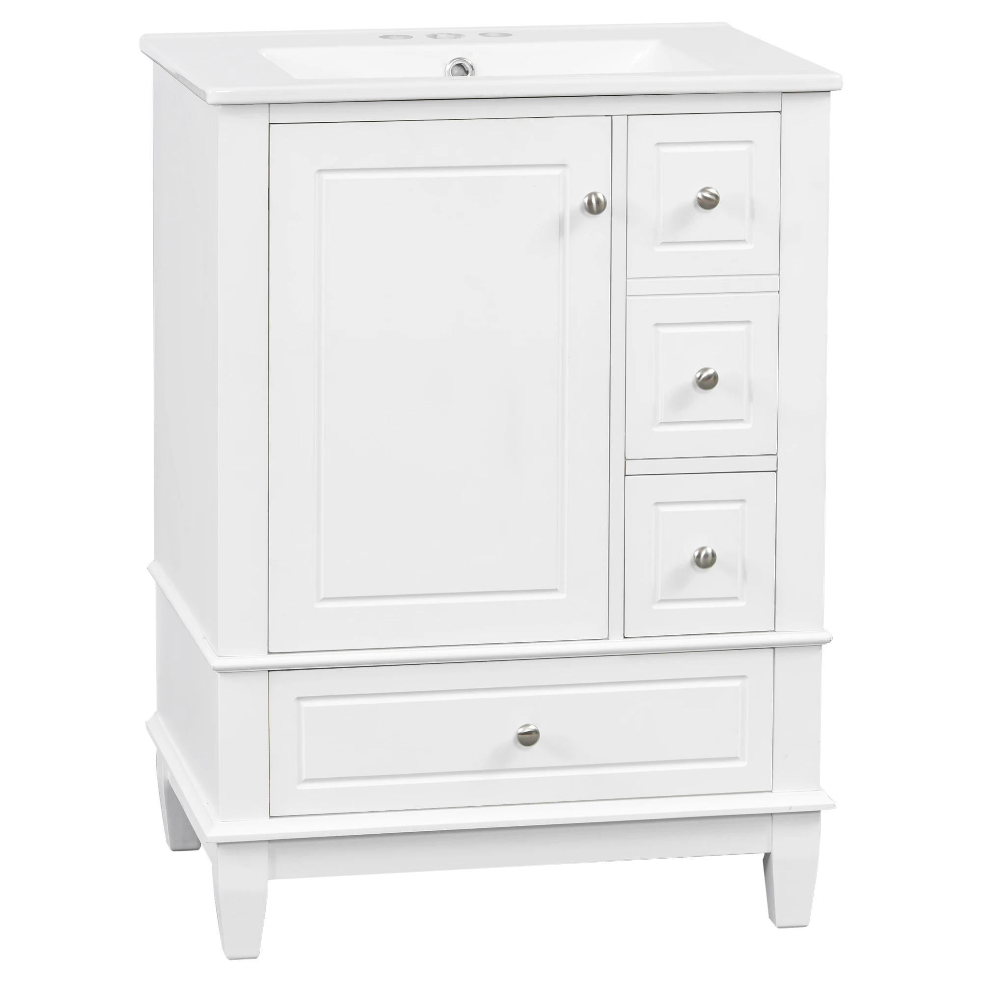 24" Bathroom Vanity with Sink and Drawers, White Freestanding Vanity Cabinet with Ceramic Top and Storage Shelves, MDF and Solid Wood Base, Modern Sink Cabinet for Small Bathrooms
24" Bathroom Vanity with Sink and Drawers, White Freestanding Vanity Cabinet with Ceramic Top and Storage Shelves, MDF and Solid Wood Base, Modern Sink Cabinet for Small Bathrooms