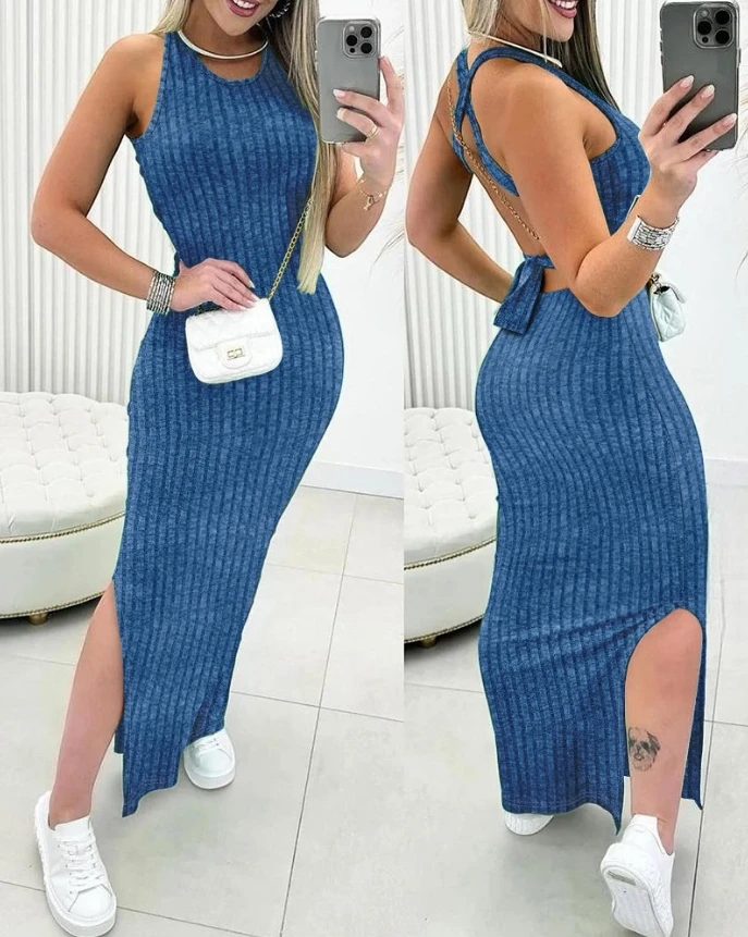 Women's Dress Fashion Casual Solid Color Round Neck Thick Strap Criss Cross Backless Tied Detail Slit Bodycon Ribbed Maxi Dress
Women's Dress Fashion Casual Solid Color Round Neck Thick Strap Criss Cross Backless Tied Detail Slit Bodycon Ribbed Maxi Dress