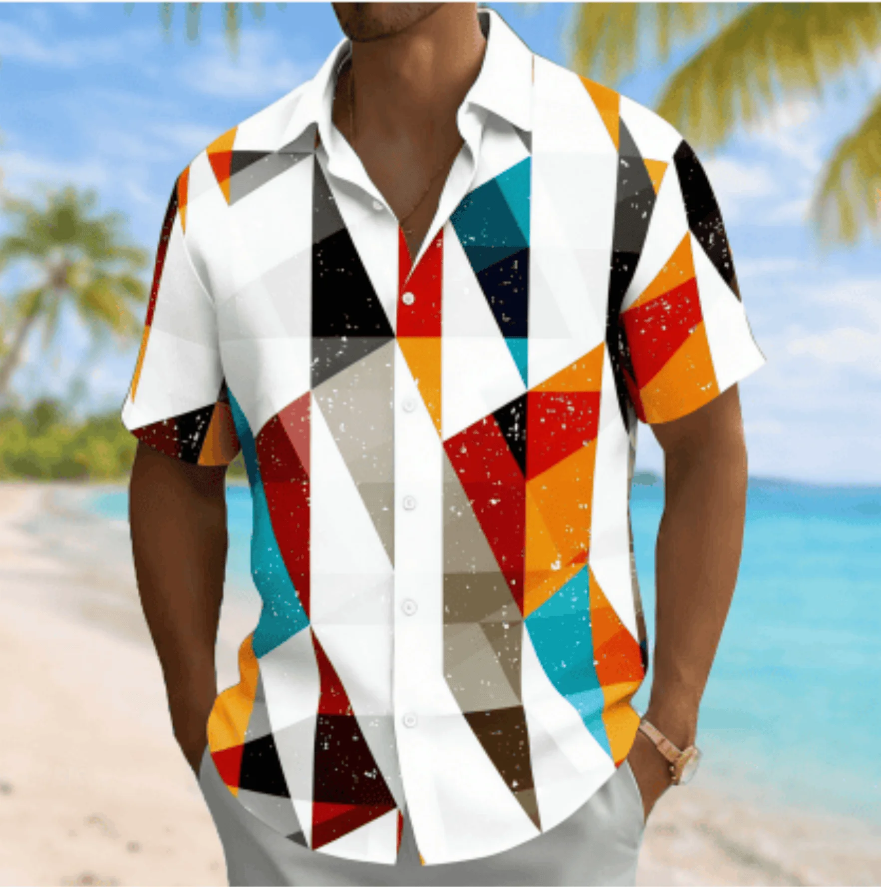 Men's Color Block Triangle Geometric Print Short Sleeve Shirt, Spring Summer Vacation Turn-Down Collar Blouse, Loose Fit Top
Men's Color Block Triangle Geometric Print Short Sleeve Shirt, Spring Summer Vacation Turn-Down Collar Blouse, Loose Fit Top
