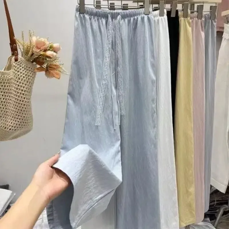 Lazy lace drawstring narrow board wide-leg pants women's dopamine summer thin drape thin straight casual pants trousers
Lazy lace drawstring narrow board wide-leg pants women's dopamine summer thin drape thin straight casual pants trousers