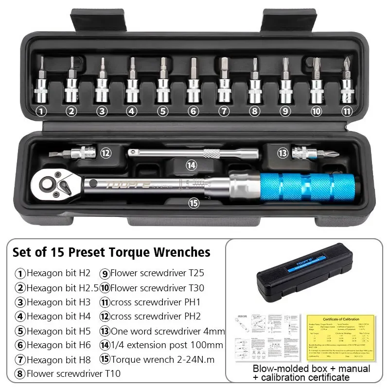 TOOPRE Bike Torque Wrench Set 1/4 2-24Nm 15Pcs Bicycle Maintenance Repair Tool Kit Kit Torx Allen Key Ratchet Wrench With Box
TOOPRE Bike Torque Wrench Set 1/4 2-24Nm 15Pcs Bicycle Maintenance Repair Tool Kit Kit Torx Allen Key Ratchet Wrench With Box