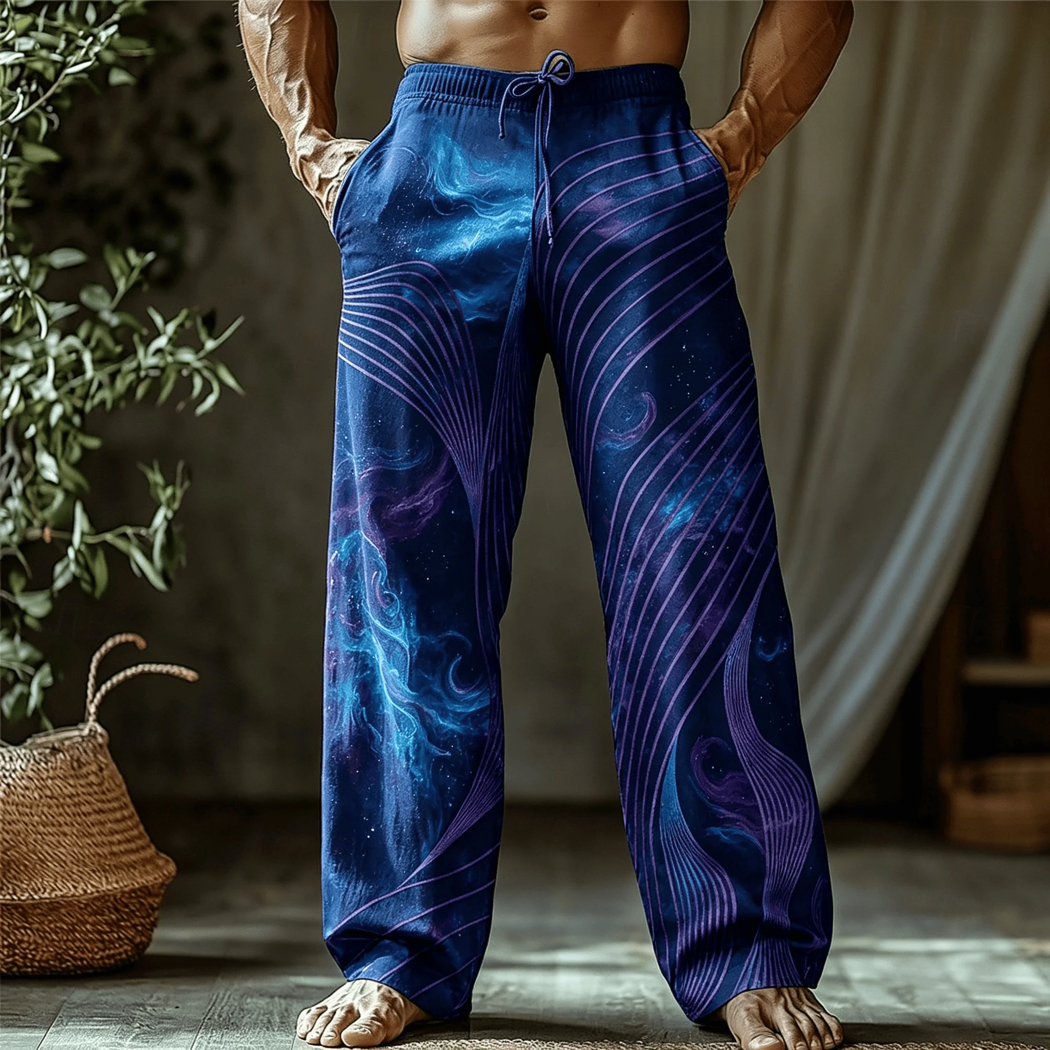 Men's Purple Blue Galaxy Wave Print Drawstring Wide Leg Pants, Psychedelic Straight Pants for Spring & Summer
Men's Purple Blue Galaxy Wave Print Drawstring Wide Leg Pants, Psychedelic Straight Pants for Spring & Summer