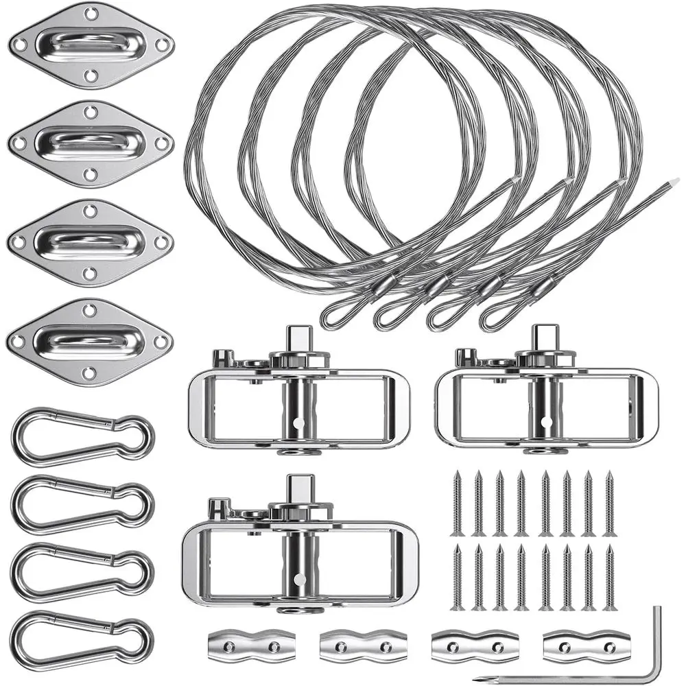 Shade Sail Hardware Kit with Tension Cable Winch Pad Eyes Hooks Installation
Shade Sail Hardware Kit with Tension Cable Winch Pad Eyes Hooks Installation