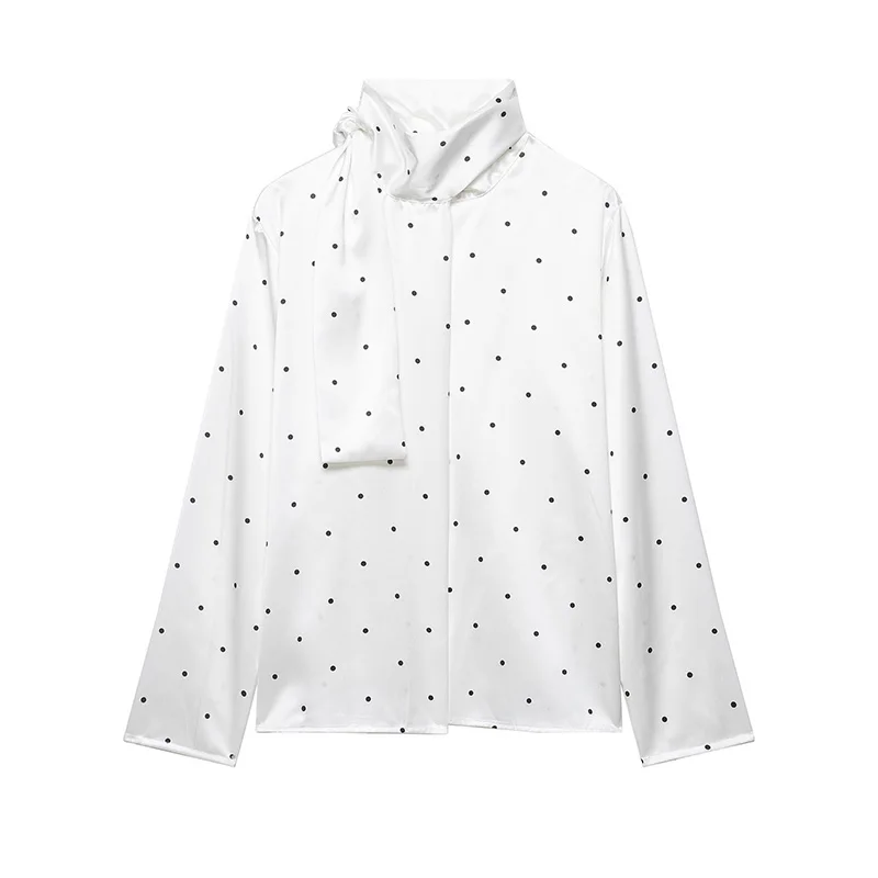 Women Polka Dot Satin Shirt Elegant White Stand Collar Scarf Style Blouse Spring Fall Long Sleeve Loose Casual European Top
Women Polka Dot Satin Shirt Elegant White Stand Collar Scarf Style Blouse Spring Fall Long Sleeve Loose Casual European Top