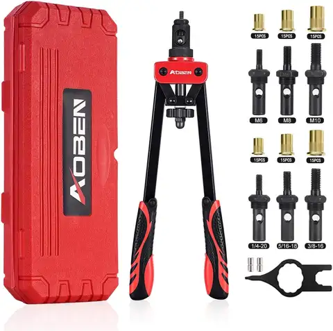 14" Professional Hand Rivet Nut Setter Kit with 6 Mandrels and 90 Rivnuts, Labor-Saving Compact Design