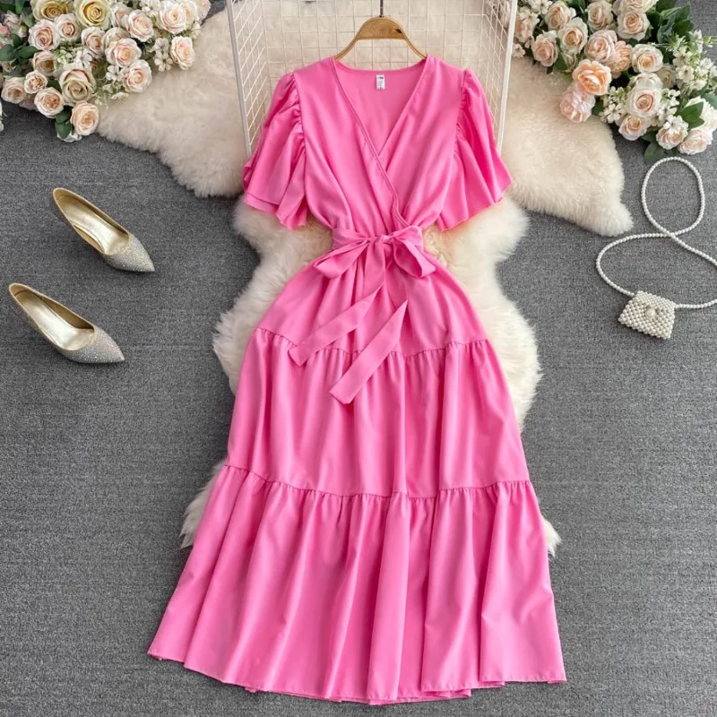 Summer Woman Solid Color Long Dress Women V-Neck Short Sleeve Chic Dress Elegant Slim Beach Dress Y2k V-neck Lace Up Vestidos
Summer Woman Solid Color Long Dress Women V-Neck Short Sleeve Chic Dress Elegant Slim Beach Dress Y2k V-neck Lace Up Vestidos