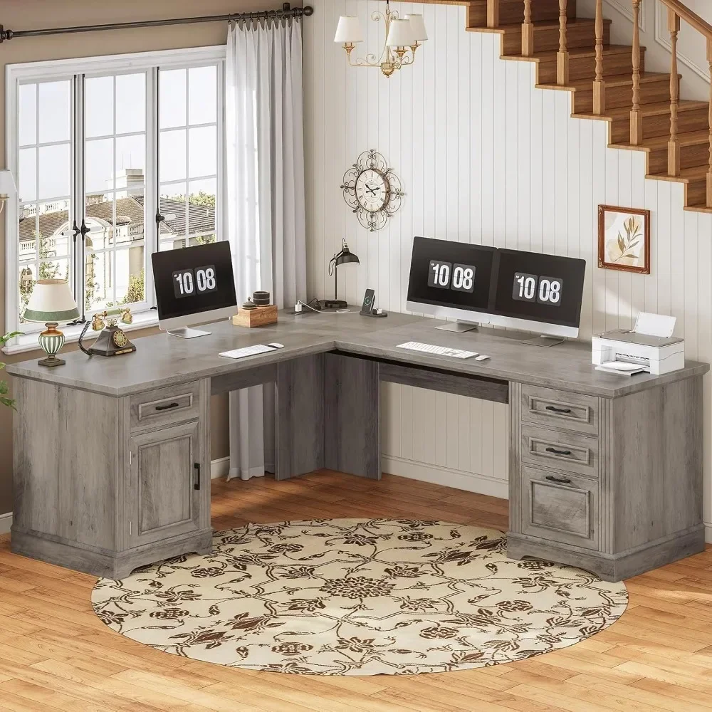 69" L Shaped Desk with Drawers and Storage, Farmhouse Computer Desk with File Drawers and Power Outlet
69" L Shaped Desk with Drawers and Storage, Farmhouse Computer Desk with File Drawers and Power Outlet