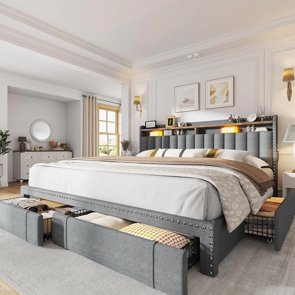 King Size Bed Frame with 4 Storage Drawers, Upholstered Kings Beds Frames and headboard with 2-Tier Shelves, King Bed Frame
King Size Bed Frame with 4 Storage Drawers, Upholstered Kings Beds Frames and headboard with 2-Tier Shelves, King Bed Frame