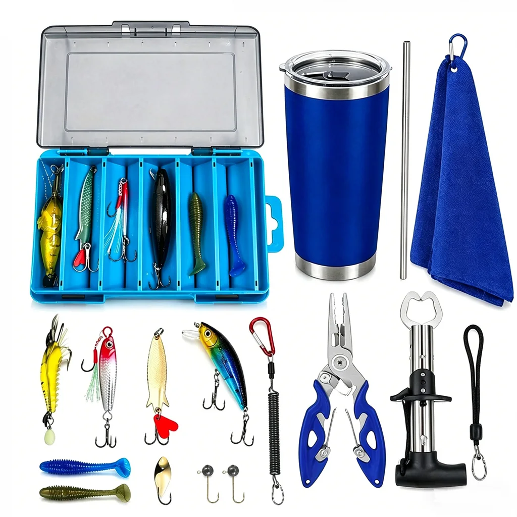 Fishing Lures Kit with Tackle Box 20oz Tumbler Towel Pliers Complete Fishing Tackle Set Gift for Men Dad Husband Anglers
Fishing Lures Kit with Tackle Box 20oz Tumbler Towel Pliers Complete Fishing Tackle Set Gift for Men Dad Husband Anglers