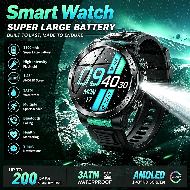 Smartwatch 1100mAh Battery Bright Light Music Information Push Sports Mode Health Monitoring 3ATM Waterproof Outdoor Smartwatch
Smartwatch 1100mAh Battery Bright Light Music Information Push Sports Mode Health Monitoring 3ATM Waterproof Outdoor Smartwatch