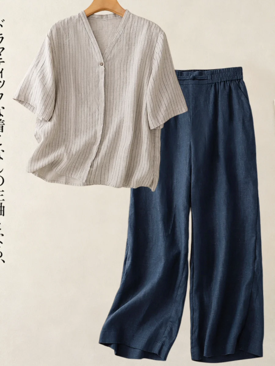Loose Cotton Linen Stripe Shirt Top And Pants Two Piece Set for Middle-Aged Women Summer Autumn Casual Breathable Fashion
Loose Cotton Linen Stripe Shirt Top And Pants Two Piece Set for Middle-Aged Women Summer Autumn Casual Breathable Fashion