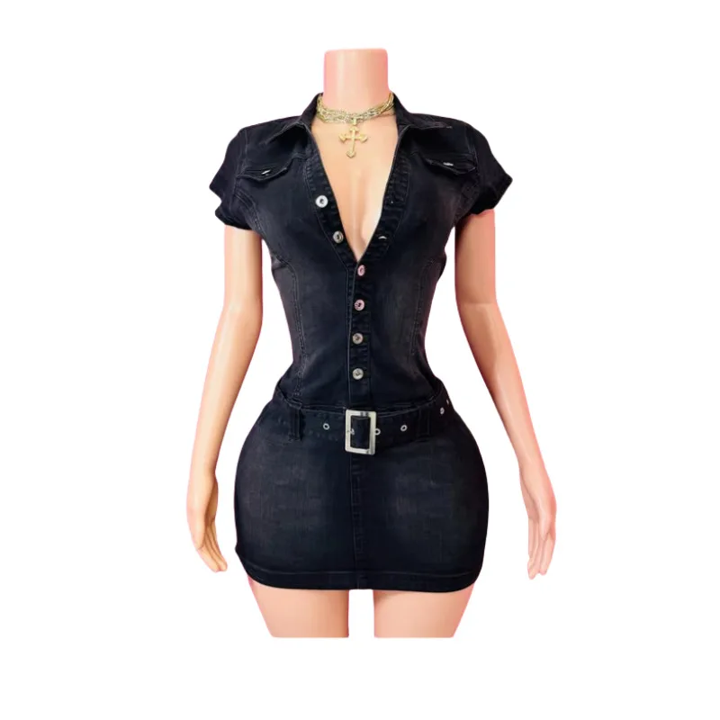 Women Dress Summer Fashion Short-Sleeved Shirt Collar Slim Stretch Denim Dress With Belt Sexy Package Hip Bodycon Jeans Dress
Women Dress Summer Fashion Short-Sleeved Shirt Collar Slim Stretch Denim Dress With Belt Sexy Package Hip Bodycon Jeans Dress