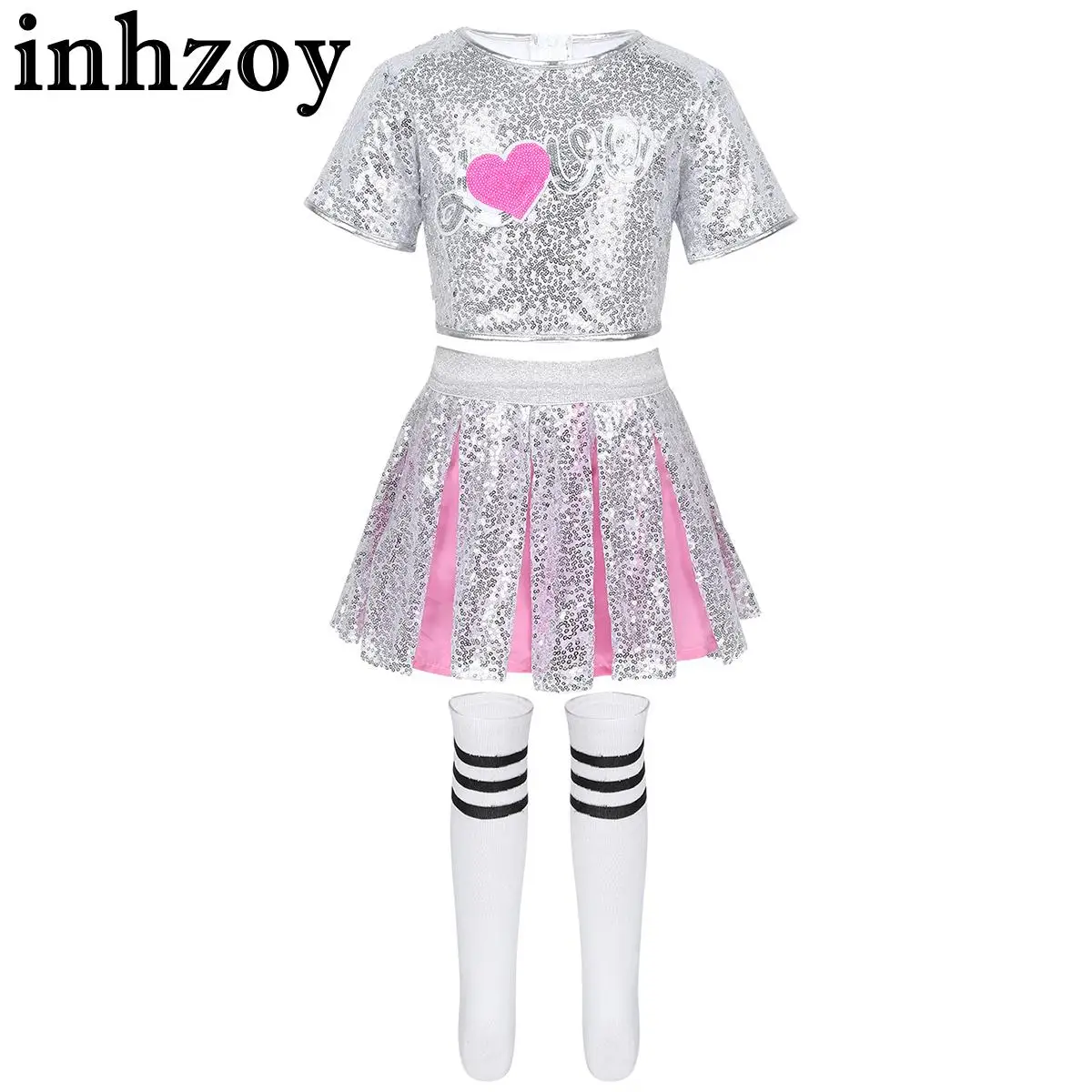 Kids Girls Cheerleading Costume Outfit Sparkling Sequins Crop Top with Skirt Striped Socks for Modern Dance Performance Show
Kids Girls Cheerleading Costume Outfit Sparkling Sequins Crop Top with Skirt Striped Socks for Modern Dance Performance Show