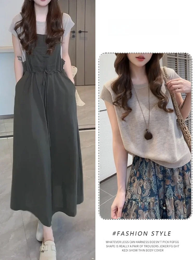 Summer Korean Style round Neck Knitwear Drawstring Waist Halter Top And Skirt Set Casual Breathable Loose Fit Short Sleeve
Summer Korean Style round Neck Knitwear Drawstring Waist Halter Top And Skirt Set Casual Breathable Loose Fit Short Sleeve