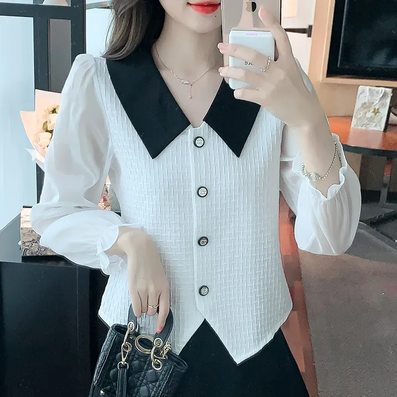 Doll Collar Shirt Women 2025Summer New Contrast Color Coat High Sense Fashion Jacket Temperament Blouse Bubble Sleeve Top Female
Doll Collar Shirt Women 2025Summer New Contrast Color Coat High Sense Fashion Jacket Temperament Blouse Bubble Sleeve Top Female