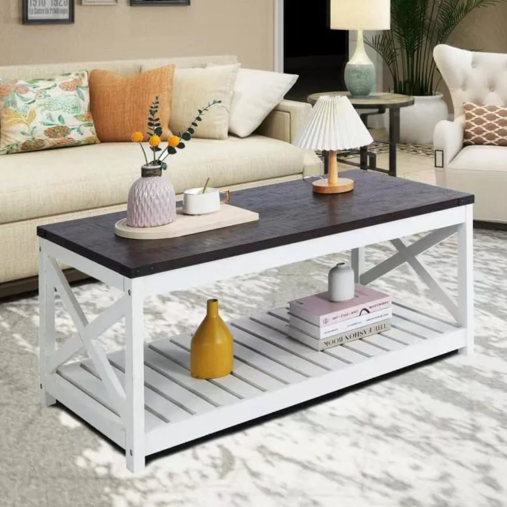 Farmhouse Coffee Table with Slatted Shelf and Corner Protection, 40 Inches, Vintage White/Espresso
Farmhouse Coffee Table with Slatted Shelf and Corner Protection, 40 Inches, Vintage White/Espresso
