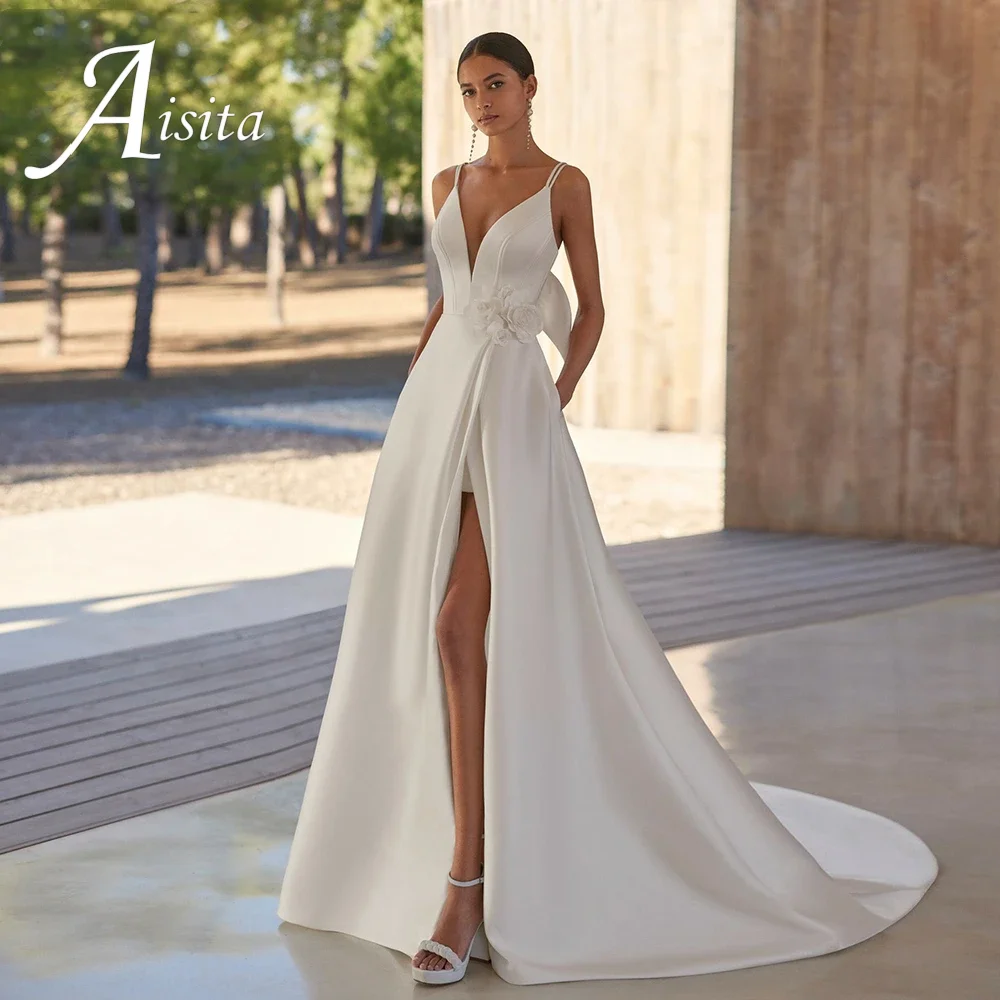 Simple Wedding Dress For Women A-Line Applique V-Neck 2025 Backless Bridal Gown Satin Vintage Style Robe De Marié For Women 
Simple Wedding Dress For Women A-Line Applique V-Neck 2025 Backless Bridal Gown Satin Vintage Style Robe De Marié For Women