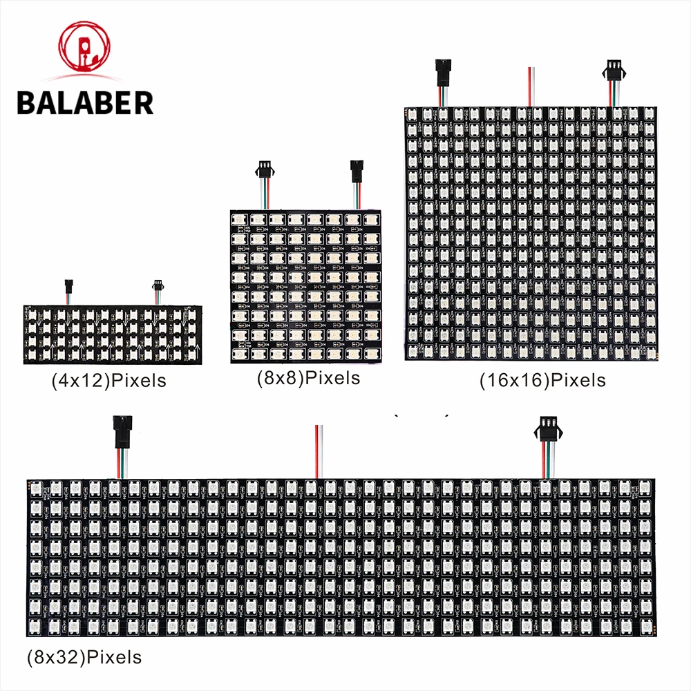 WS2812B RGB 4x12, 8x8, 16x16, 8x32 pixel display screen. WS2812B, individually addressable, digital flexible programmable, 5V.
WS2812B RGB 4x12, 8x8, 16x16, 8x32 pixel display screen. WS2812B, individually addressable, digital flexible programmable, 5V.