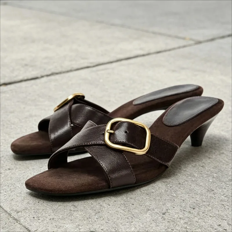 Leather Cross Strap Buckle Detail Kitten Heels Sandals for Women Fashion Round Toe Open-Toe Heeled Slippers Summer Mules Shoes
Leather Cross Strap Buckle Detail Kitten Heels Sandals for Women Fashion Round Toe Open-Toe Heeled Slippers Summer Mules Shoes