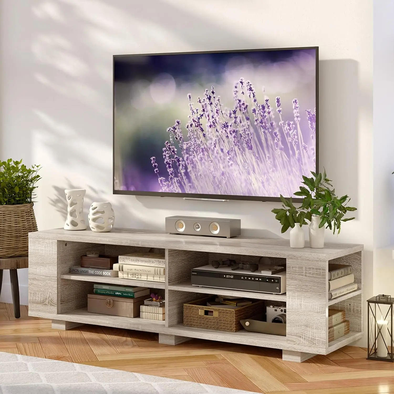 Moccha Tv Stand For Tv Up To 65 H, Modern Entertainment Center With 8 Open Storage Shelves And 4 Cable Management Holes, Wooden
Moccha Tv Stand For Tv Up To 65 H, Modern Entertainment Center With 8 Open Storage Shelves And 4 Cable Management Holes, Wooden