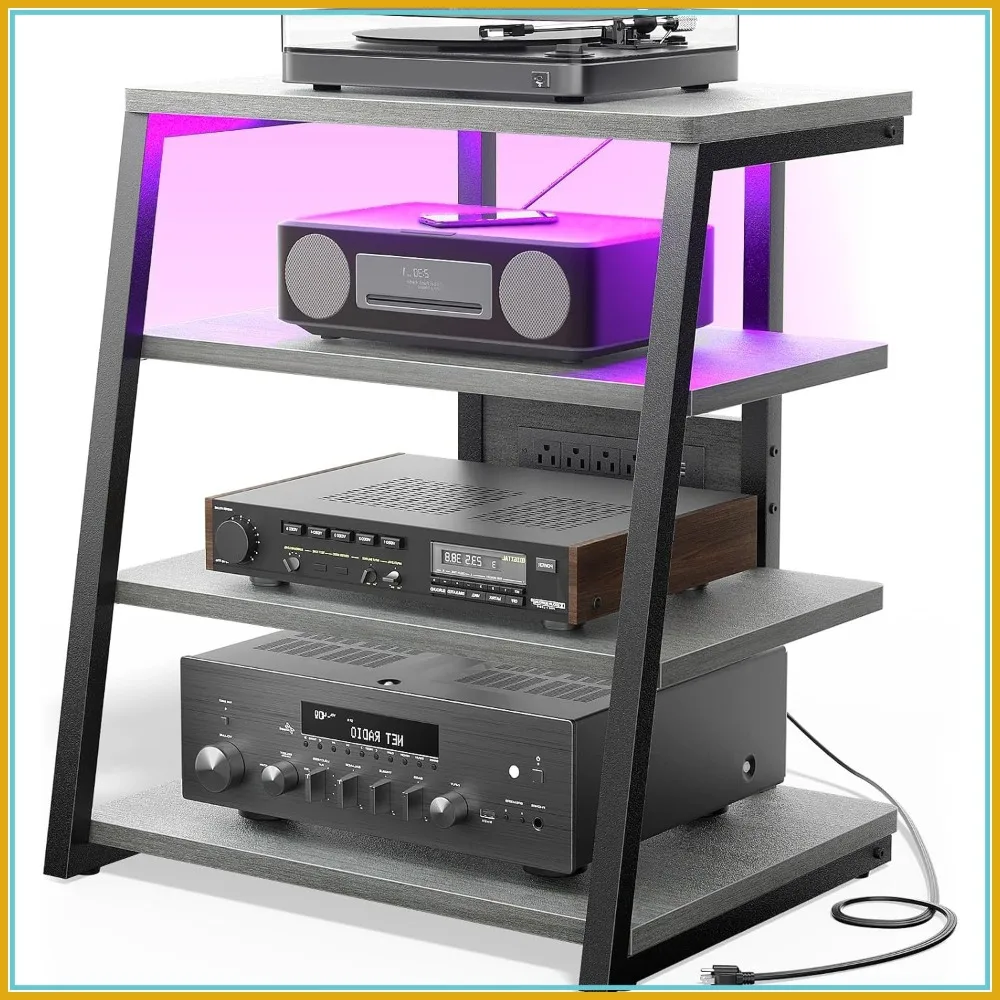 AV Media Stand with Outlets, Stereo Rack with Record Storage, Turntable Console with LED Lights, 4-Tier Walnut Grey
AV Media Stand with Outlets, Stereo Rack with Record Storage, Turntable Console with LED Lights, 4-Tier Walnut Grey