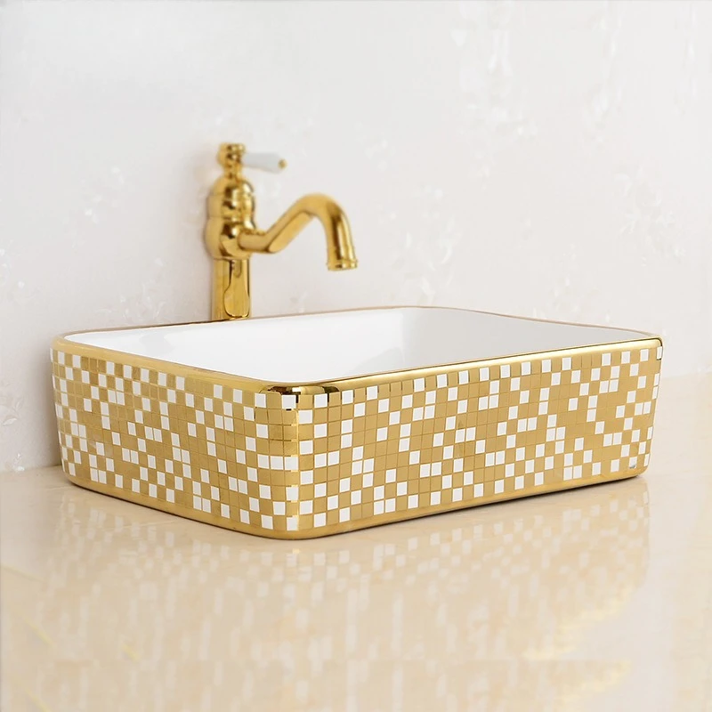 Golden ceramic wash basin, bathroom rectangular art basin
Golden ceramic wash basin, bathroom rectangular art basin