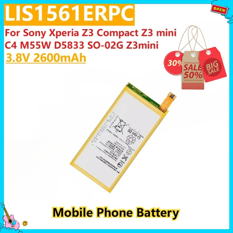 New High Quality 3.8V 2600mAh Mobile Phone Battery LIS1561ERPC For Sony Xperia Z3 Compact Z3 mini C4 SO-02G M55W D5833 
New High Quality 3.8V 2600mAh Mobile Phone Battery LIS1561ERPC For Sony Xperia Z3 Compact Z3 mini C4 SO-02G M55W D5833