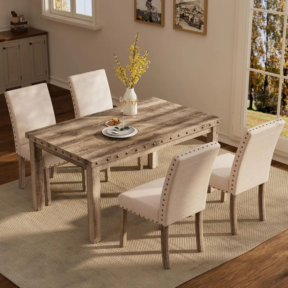 Rustic 60 Wooden Dining Table with 4 Upholstered Chairs & Nailhead Trim for Kitchen or Breakfast Nook
Rustic 60 Wooden Dining Table with 4 Upholstered Chairs & Nailhead Trim for Kitchen or Breakfast Nook