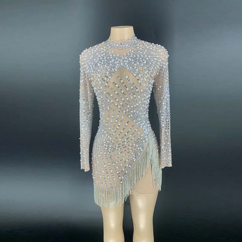 Fringe Pearl Silver Rhinestones Transparent Dress Long Sleeves Women Dance Show Dress Bar Birthday Outfit Dress
Fringe Pearl Silver Rhinestones Transparent Dress Long Sleeves Women Dance Show Dress Bar Birthday Outfit Dress