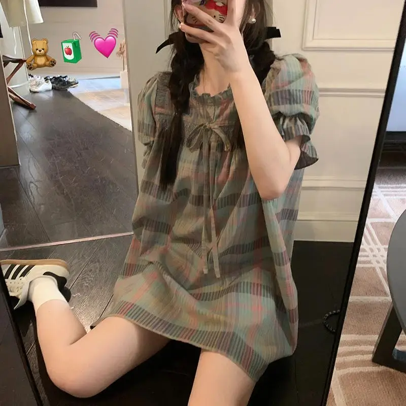 French Retro Plaid Lace up Bubble Sleeve Dress for Women Summer New Chic College Style Sweet Loose Casual A-line Midi Dresses
French Retro Plaid Lace up Bubble Sleeve Dress for Women Summer New Chic College Style Sweet Loose Casual A-line Midi Dresses