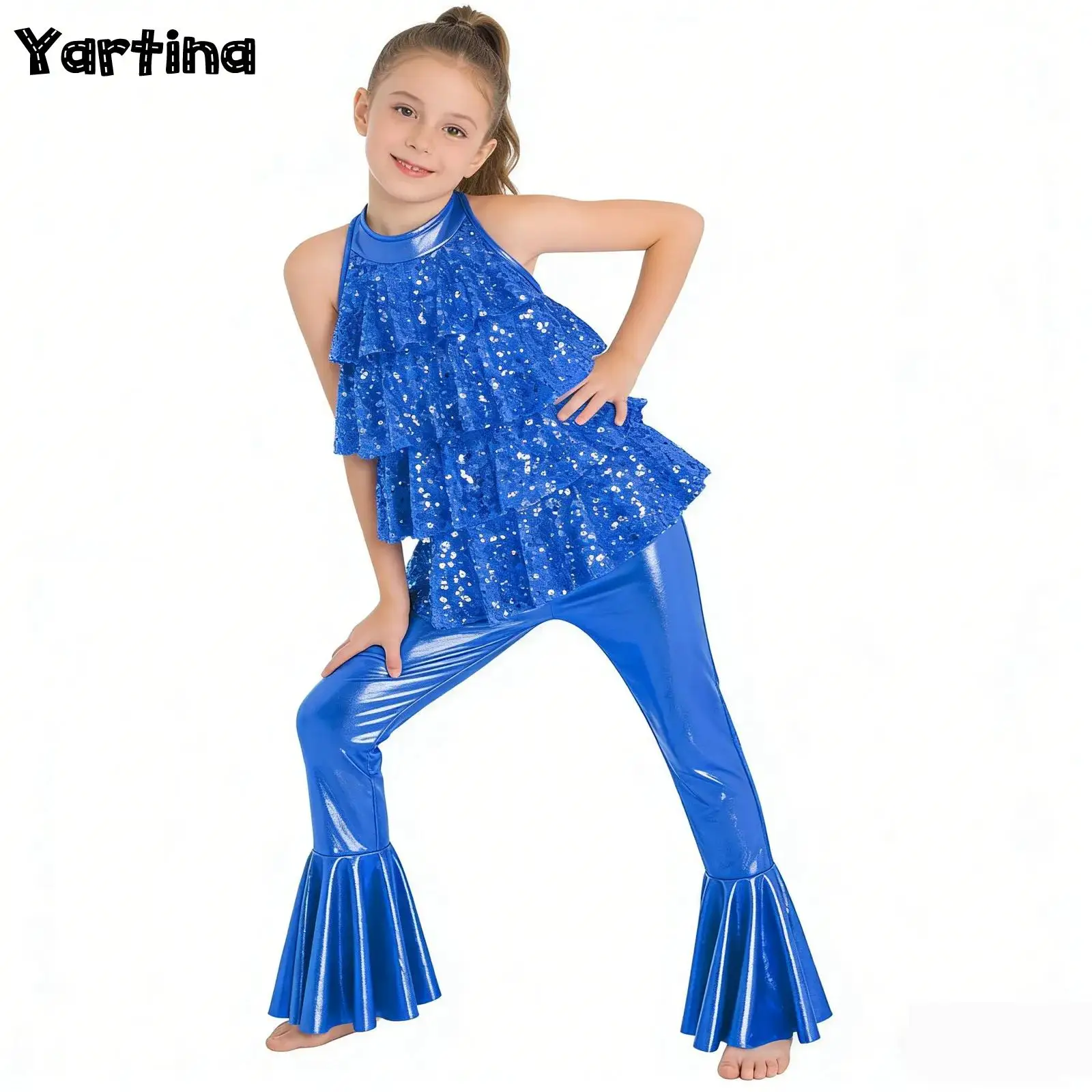 Kids Girls Sparkling Sequin Tiered Ruffles Jazz Dance Performance Costume Halter Backless Bell-Bottom Bodysuit Jumpsuit
Kids Girls Sparkling Sequin Tiered Ruffles Jazz Dance Performance Costume Halter Backless Bell-Bottom Bodysuit Jumpsuit