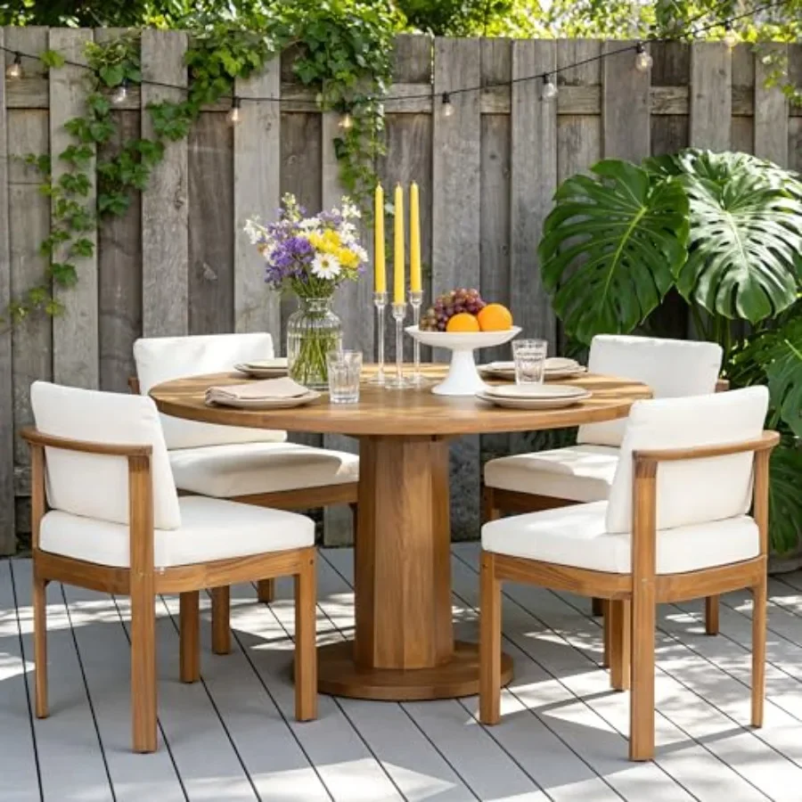 Outdoor dining chairs set of 4: acacia wood frame, cream + teak color, comfortable cushions for backyard, poolside, and garden
Outdoor dining chairs set of 4: acacia wood frame, cream + teak color, comfortable cushions for backyard, poolside, and garden