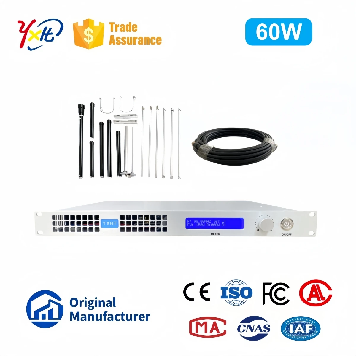 60W FM Transmitter with Antenna and Connection Cable,CE/ISO/FCC, 100-240V for Radio/Community, Great for Aeronautic
60W FM Transmitter with Antenna and Connection Cable,CE/ISO/FCC, 100-240V for Radio/Community, Great for Aeronautic