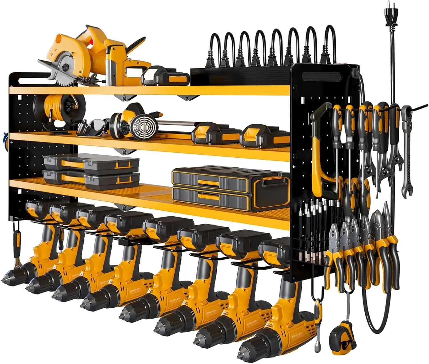 Wall-Mounted Power Tool Organizer with 8-Outlet Charging Station, 4-Tier Storage Rack for Garage
Wall-Mounted Power Tool Organizer with 8-Outlet Charging Station, 4-Tier Storage Rack for Garage