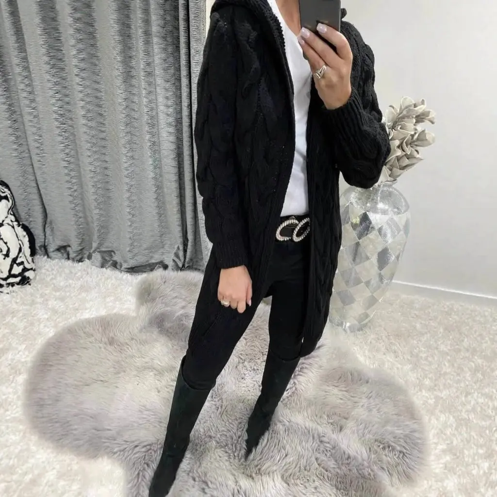 Long Knitted Hat Sweater With Pockets Twist Knit Outerwear Pure Color Women's Spring Autumn Winter Open Cardigan Fashion Top 
Long Knitted Hat Sweater With Pockets Twist Knit Outerwear Pure Color Women's Spring Autumn Winter Open Cardigan Fashion Top