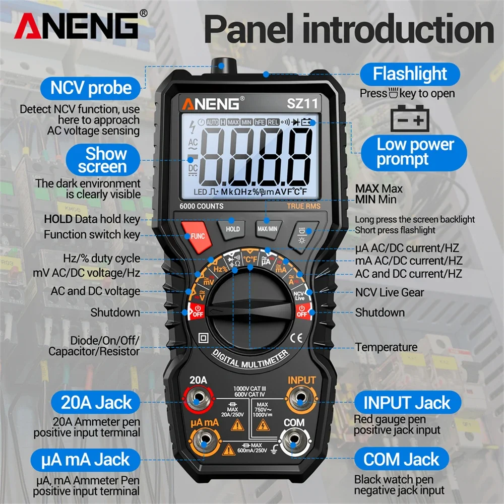 ANENG SZ11 Portable Digital Multimeter Auto Scanning Voltmeter Ammeter Ohmmeter Tester Tool Multimeter Meter 6000 Count
ANENG SZ11 Portable Digital Multimeter Auto Scanning Voltmeter Ammeter Ohmmeter Tester Tool Multimeter Meter 6000 Count