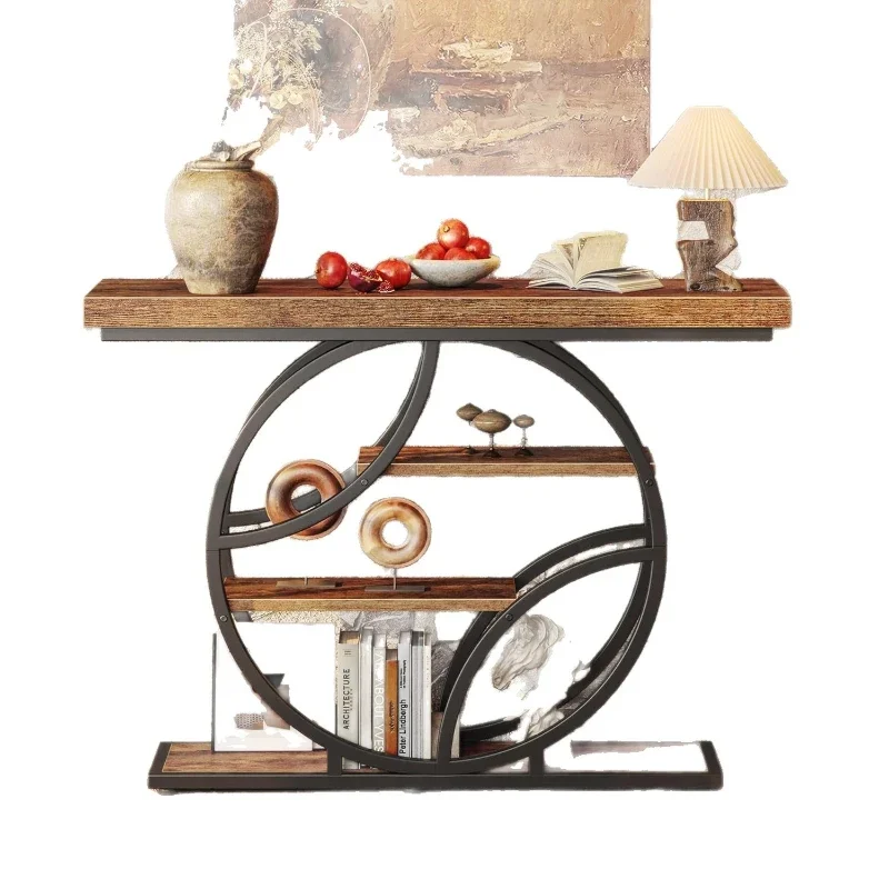 Metal entrance industrial wind round entrance table rack with storage rack
Metal entrance industrial wind round entrance table rack with storage rack