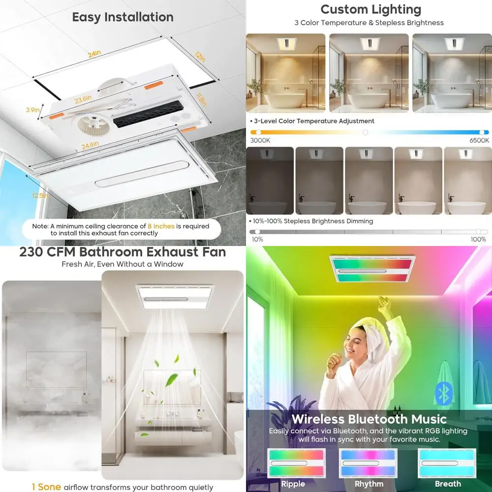 5-in-1 Bathroom Fan with Light, Heater, Ventilation, and 7-Color LED - 230cm Quiet Operation
5-in-1 Bathroom Fan with Light, Heater, Ventilation, and 7-Color LED - 230cm Quiet Operation