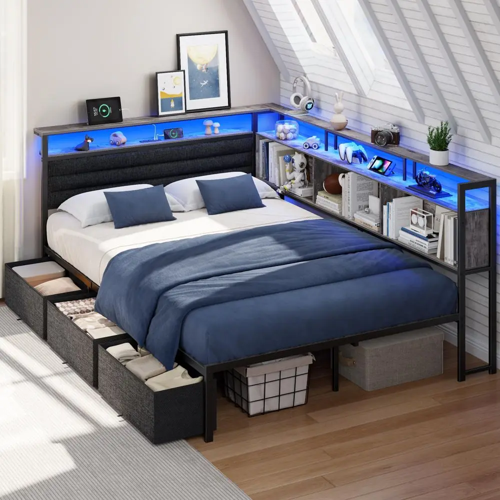 Full Size Bed Frame with Headboard and Storage Drawers, Full Metal Platform Corner Bed Frame with Charging Station and LED Ligh
Full Size Bed Frame with Headboard and Storage Drawers, Full Metal Platform Corner Bed Frame with Charging Station and LED Ligh