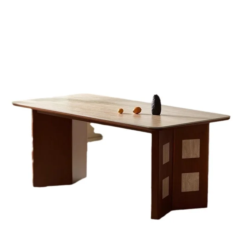 Solid wood dining table Travertine rock slab small apartment walnut color oval dining table
Solid wood dining table Travertine rock slab small apartment walnut color oval dining table