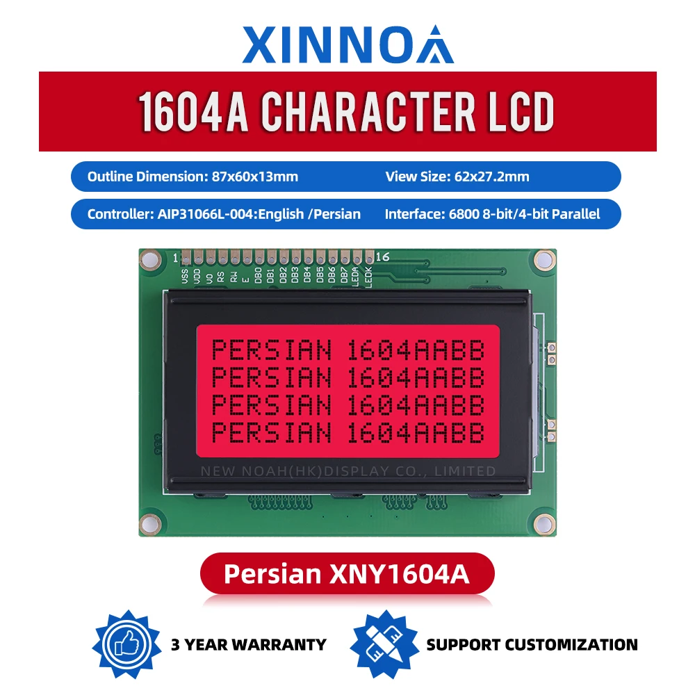 Persian Red Light Black Letters 1604A LCM Display Module Dot Matrix 04*16 LCD 3.6 Inches ST7066U Character Dot Matrix Screen
Persian Red Light Black Letters 1604A LCM Display Module Dot Matrix 04*16 LCD 3.6 Inches ST7066U Character Dot Matrix Screen