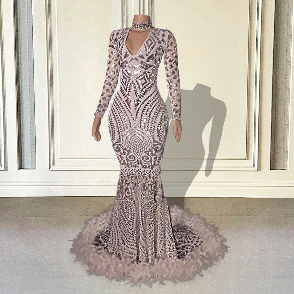 Silver Feathers Prom Dresses 2023 Luxury Mermaid V-Neck Sequined Long Sleeve African Women Formal Evening Gowns Gala Dress
Silver Feathers Prom Dresses 2023 Luxury Mermaid V-Neck Sequined Long Sleeve African Women Formal Evening Gowns Gala Dress