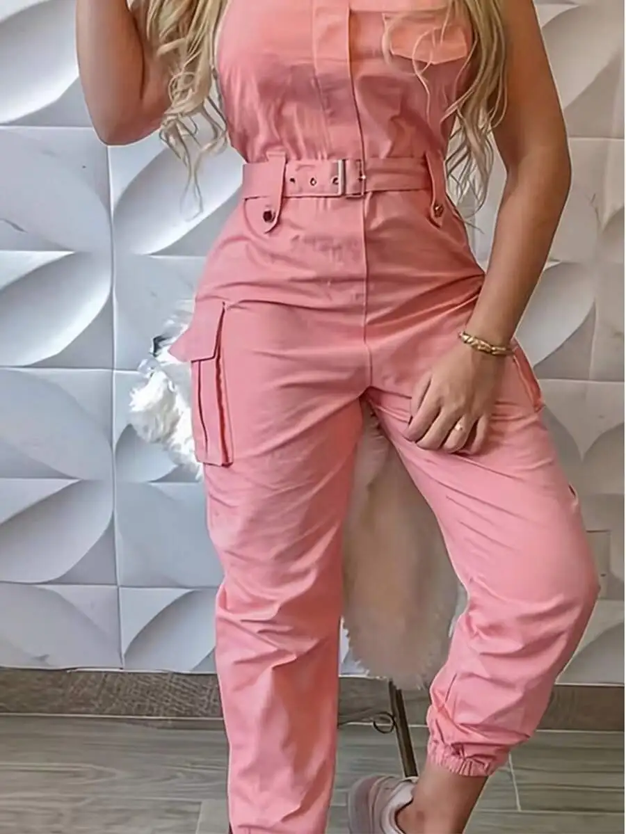 Women Pink Sleeveless Cargo Jumpsuit High Waist Belted Jogger Romper With Multiple Pockets
Women Pink Sleeveless Cargo Jumpsuit High Waist Belted Jogger Romper With Multiple Pockets